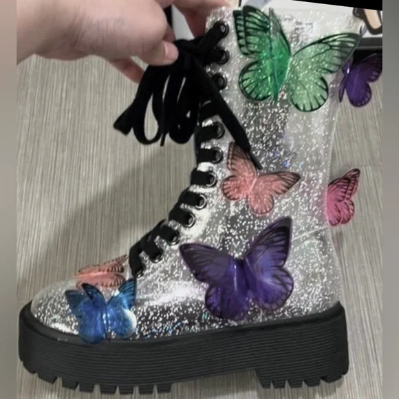 Dolls Kill Club EXX 3D butterfly Terrarium combat boots silver glitter size 5 - Picture 7 of 12